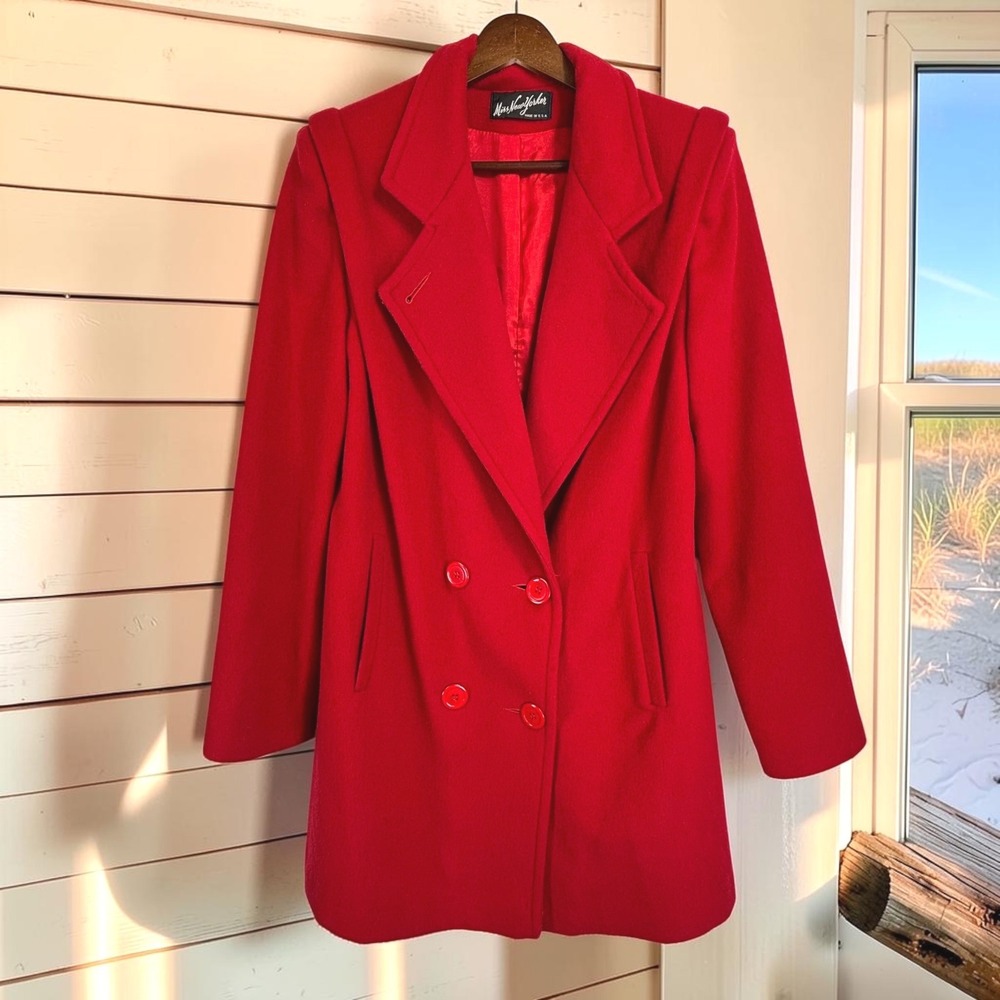 Vintage 100% Wool Coat M Tomato Red ILGWU 80s Padded Shoulder Double Breasted